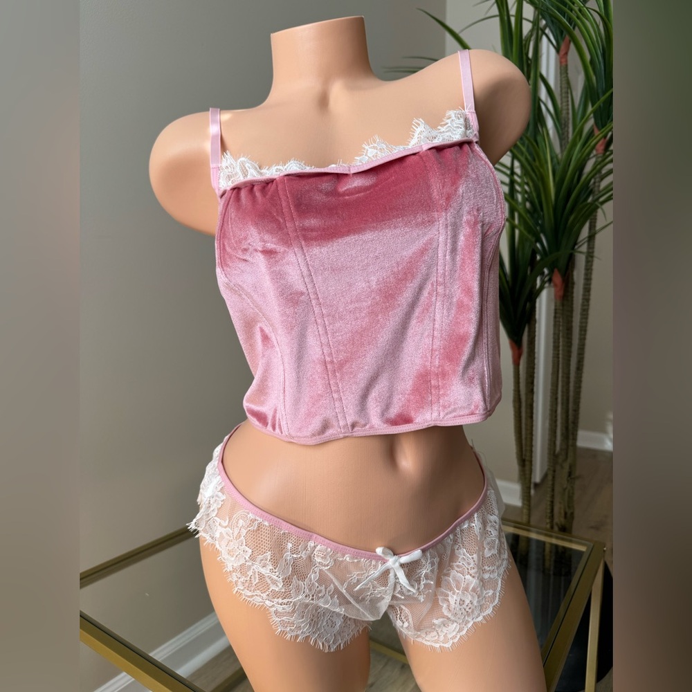 Pink Velvet and Lace Lingerie Set - Picture 3 of 9